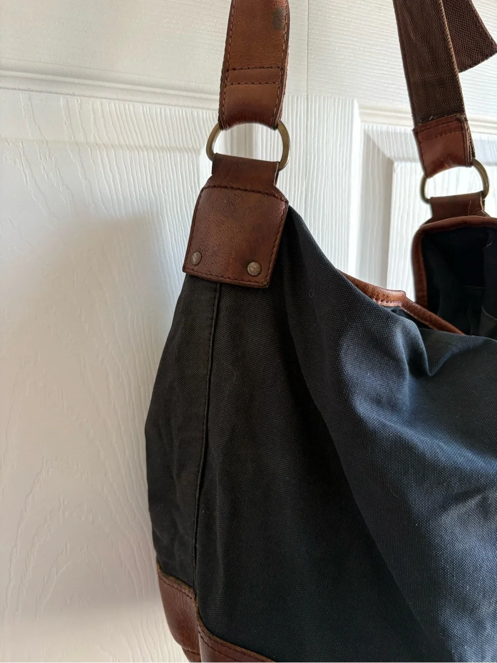 Anthropologie Black Textile Brown Leather Trim Bucket Slouchy Boho Bag Purse
